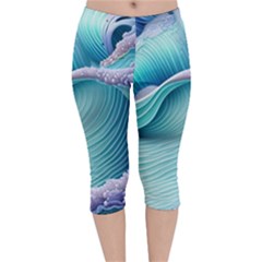 Pastel Sea Waves Velvet Capri Leggings  by GardenOfOphir