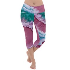 Ocean Waves In Pink Lightweight Velour Capri Yoga Leggings by GardenOfOphir