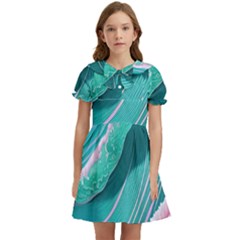 Pink Ocean Waves Kids  Bow Tie Puff Sleeve Dress by GardenOfOphir