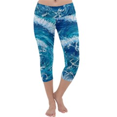 Abstract Blue Ocean Waves Iii Capri Yoga Leggings by GardenOfOphir