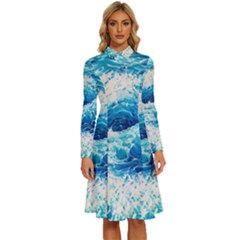 Abstract Blue Ocean Wave Ii Long Sleeve Shirt Collar A-line Dress by GardenOfOphir