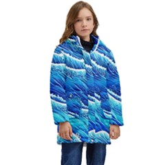 Blue Ocean Wave Watercolor Kid s Hooded Longline Puffer Jacket by GardenOfOphir