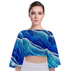 Blue Ocean Wave Watercolor Tie Back Butterfly Sleeve Chiffon Top by GardenOfOphir