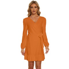 Dark Papaya Orange	 - 	long Sleeve Waist Tie Ruffle Velvet Dress by ColorfulDresses