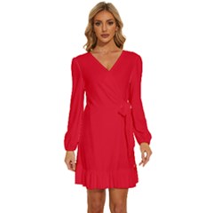 Cadmium Red	 - 	long Sleeve Waist Tie Ruffle Velvet Dress by ColorfulDresses