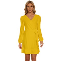 Golden Poppy Yellow	 - 	long Sleeve Waist Tie Ruffle Velvet Dress by ColorfulDresses