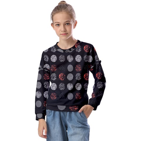 Black And Multicolored Polka Dot Artwork Digital Art Kids  Long Sleeve Tee With Frill  by Jancukart