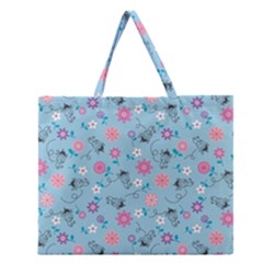 Pink And Blue Floral Wallpaper Zipper Large Tote Bag