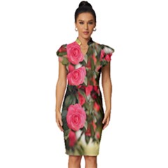 Flower Vintage Frill Sleeve V-neck Bodycon Dress by artworkshop