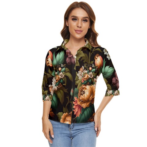 Floral Flower Blossom Bloom Flora Women s Quarter Sleeve Pocket Shirt by Ravend