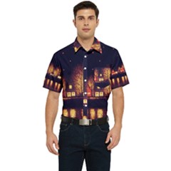 Night Houses River Bokeh Leaves Men s Short Sleeve Pocket Shirt  by Ravend