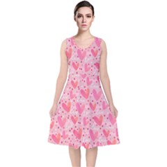 Valentine Romantic Love Watercolor Pink Pattern Texture V-neck Midi Sleeveless Dress  by Ravend