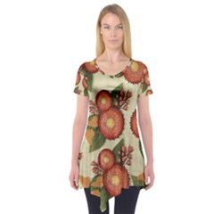 Flowers Leaves Pattern Flora Botany Drawing Art Short Sleeve Tunic  by Ravend