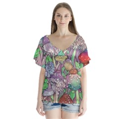 Vintage Mushroom Garden V-neck Flutter Sleeve Top by GardenOfOphir