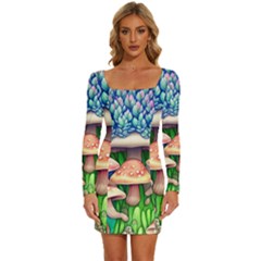 Fairy Mushroom In The Forest Long Sleeve Square Neck Bodycon Velvet Dress by GardenOfOphir