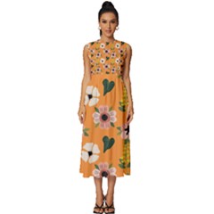 Flower Orange Pattern Floral Sleeveless Round Neck Midi Dress by Dutashop