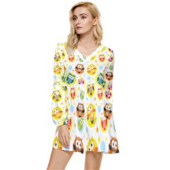 Owl Bird Cartoon Tiered Long Sleeve Mini Dress by Jancukart