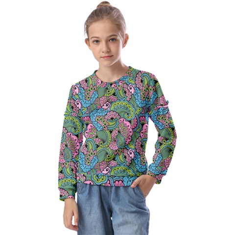 Background Texture Paisley Pattern Kids  Long Sleeve Tee With Frill  by Jancukart