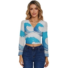 Wave Tsunami Tidal Wave Ocean Sea Water Long Sleeve V-neck Top by Pakemis