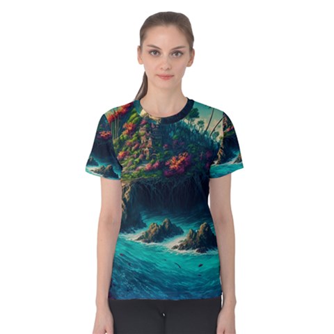 Tropical Island Paradise Ocean Sea Palm Trees Women s Cotton Tee by Pakemis