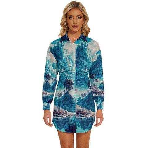 Tropical Winter Fantasy Landscape Paradise Womens Long Sleeve Shirt Dress by Pakemis