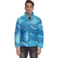 Ocean Waves Sea Abstract Pattern Water Blue Men s Puffer Bubble Jacket Coat by Pakemis