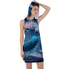 Tsunami Waves Ocean Sea Water Rough Seas 2 Racer Back Hoodie Dress by Pakemis