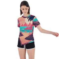 Tropical Beach Sea Jungle Ocean Landscape Asymmetrical Short Sleeve Sports Tee by Pakemis