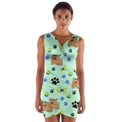 Dog Pattern Seamless Blue Background Scrapbooking Wrap Front Bodycon Dress by Wegoenart