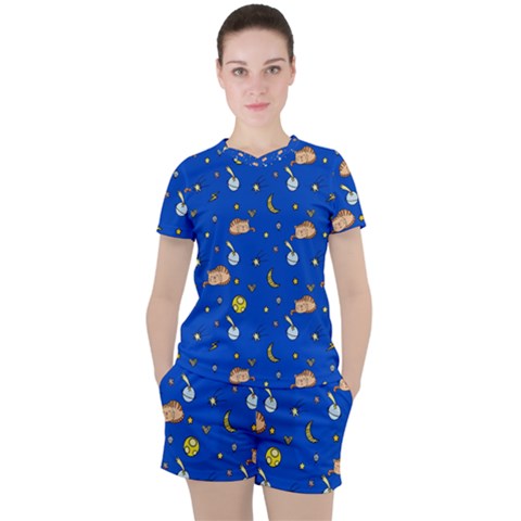 Cat Animals Sleep Stars Seamless Background Women s Tee And Shorts Set by Wegoenart