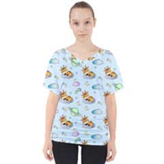 Pattern Giraffe Animal Seamless Scrapbooking Blue V-neck Dolman Drape Top by Wegoenart