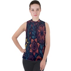 Flower Art Drawing Painting Spring Mock Neck Chiffon Sleeveless Top by Jancukart