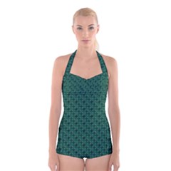 Green Pattern Boyleg Halter Swimsuit 