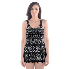 Black And White Love Kisses Pattern Skater Dress Swimsuit by GardenOfOphir