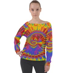 Colorful Spiral Abstract Swirl Twirl Art Pattern Off Shoulder Long Sleeve Velour Top by Jancukart