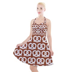 Brown Pretzel Illustrations Pattern Halter Party Swing Dress  by GardenOfOphir