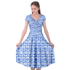 Blue And White Owl Pattern Cap Sleeve Wrap Front Dress by GardenOfOphir