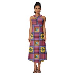 Pattern Geometric Colorful Lines Shapes Sleeveless Cross Front Cocktail Midi Chiffon Dress