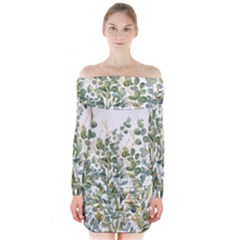 Gold And Green Eucalyptus Leaves Long Sleeve Off Shoulder Dress by Jack14