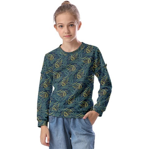 Pattern Abstract Green Texture Kids  Long Sleeve Tee With Frill  by Jancukart