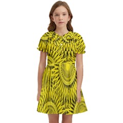 Abstract Sun Pattern Yellow Background Kids  Bow Tie Puff Sleeve Dress by Jancukart