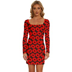 Charcoal And Red Peony Flower Pattern Long Sleeve Square Neck Bodycon Velvet Dress by GardenOfOphir