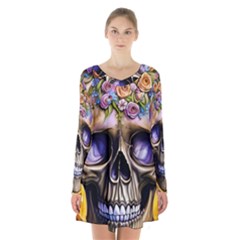 Skull With Flowers - Day Of The Dead Long Sleeve Velvet V-neck Dress by GardenOfOphir