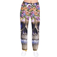 Skull With Flowers - Day Of The Dead Women Velvet Drawstring Pants by GardenOfOphir