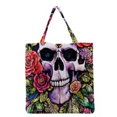 Sugar Skull With Flowers - Day Of The Dead Grocery Tote Bag by GardenOfOphir