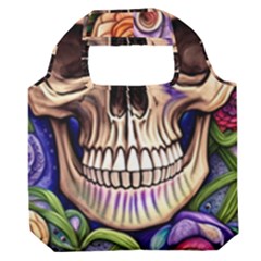 Retro Gothic Skull With Flowers - Cute And Creepy Premium Foldable Grocery Recycle Bag by GardenOfOphir