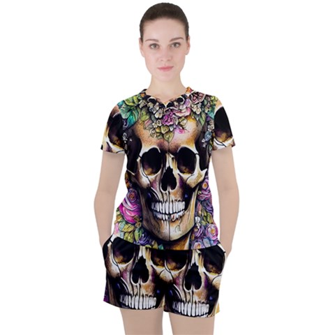 Skeleton Skull Cottagecore Women s Tee And Shorts Set by GardenOfOphir