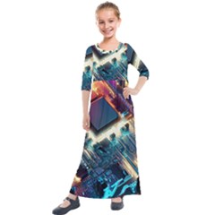 Ai Generated Motherboard City Technology Tech Cpu Kids  Quarter Sleeve Maxi Dress by Jancukart