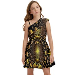 Mushroom Fungus Gold Psychedelic Kids  One Shoulder Party Dress by Ravend