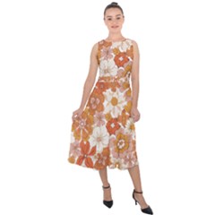 Flowers Petals Leaves Floral Print Midi Tie-back Chiffon Dress by Ravend